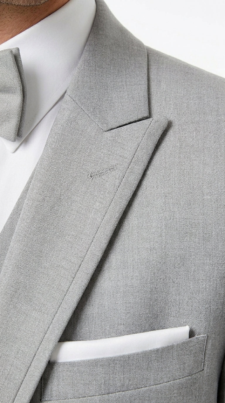 Men’s Light Grey Marseille 1 Button Peak Lapel Tuxedo with Satin Trim, Designer Wedding Suit