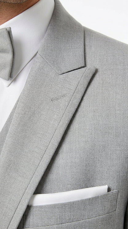 Men’s Light Grey Marseille 1 Button Peak Lapel Tuxedo with Satin Trim, Designer Wedding Suit