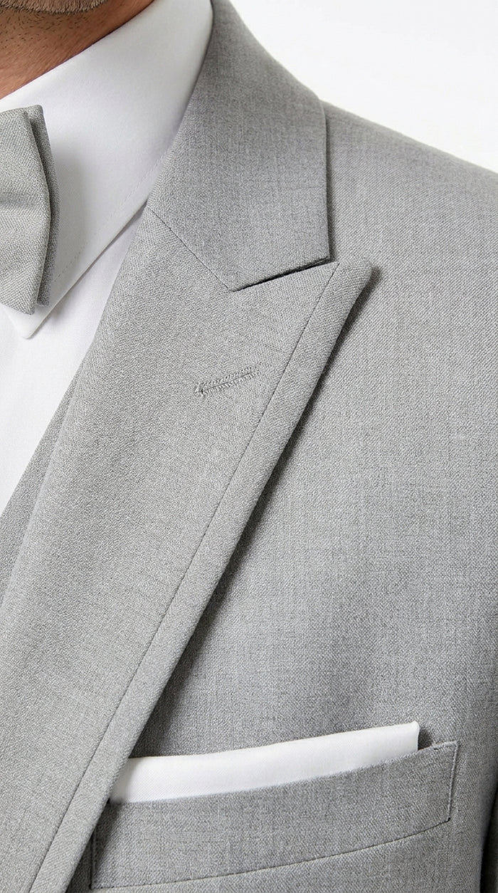 Men’s Light Grey Marseille 1 Button Peak Lapel Tuxedo with Satin Trim, Designer Wedding Suit