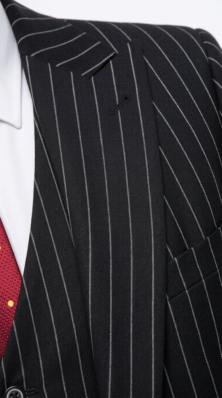Men’s Black Bold Pinstripe 1920s Suit, Vintage 3 Piece Gangster Suit, Big and Tall Prom Outfit