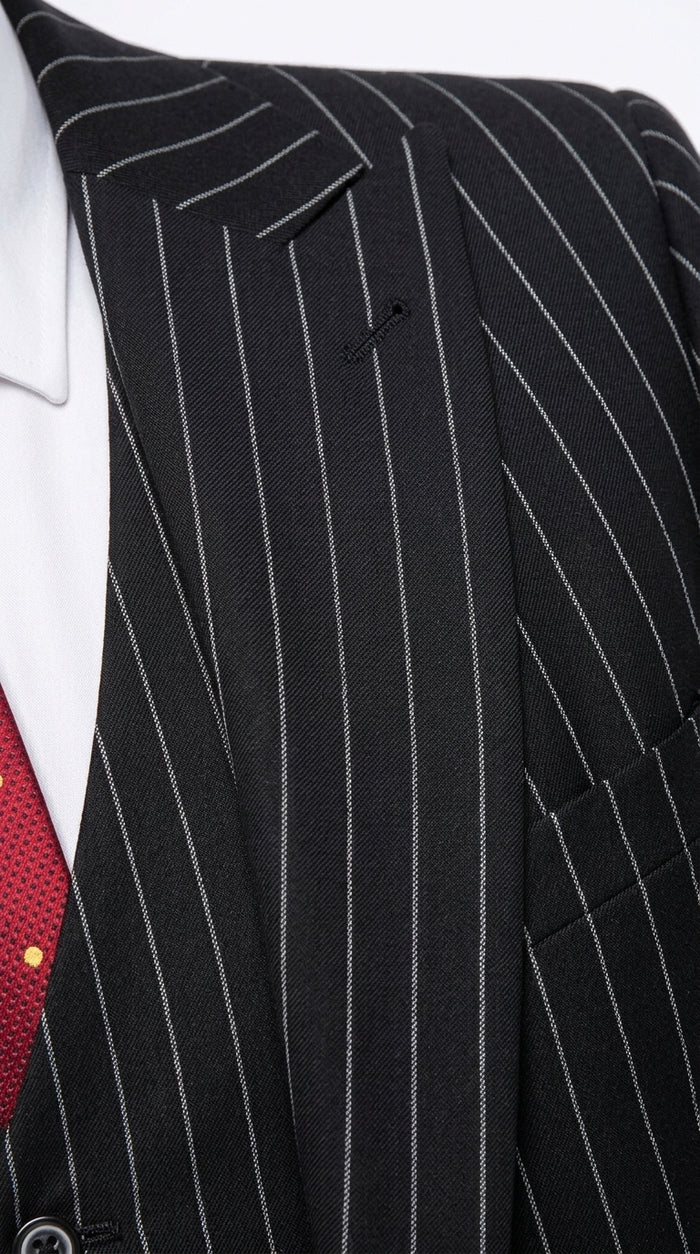 Men’s Black Bold Pinstripe 1920s Suit, Vintage 3 Piece Gangster Suit, Big and Tall Prom Outfit