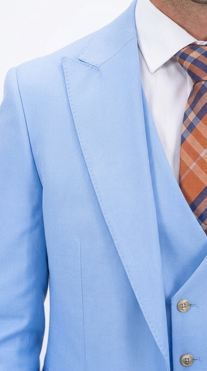 Statement Men’s Light Blue 3 Piece 100% Wool Fashion Suit, Bold Color Formal Wedding Suit