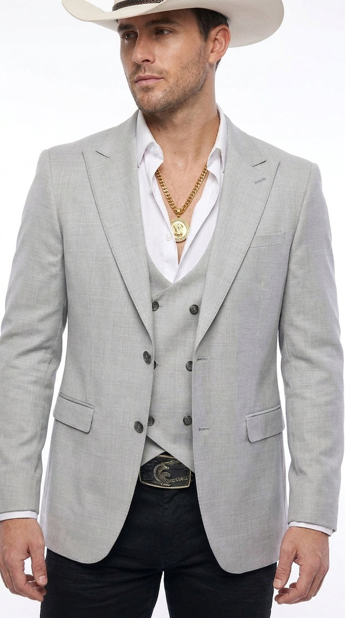Men’s Light Gray Western Suit Blazer with Double-Breasted Vest, Modern Cowboy Formal Jacket Outfit