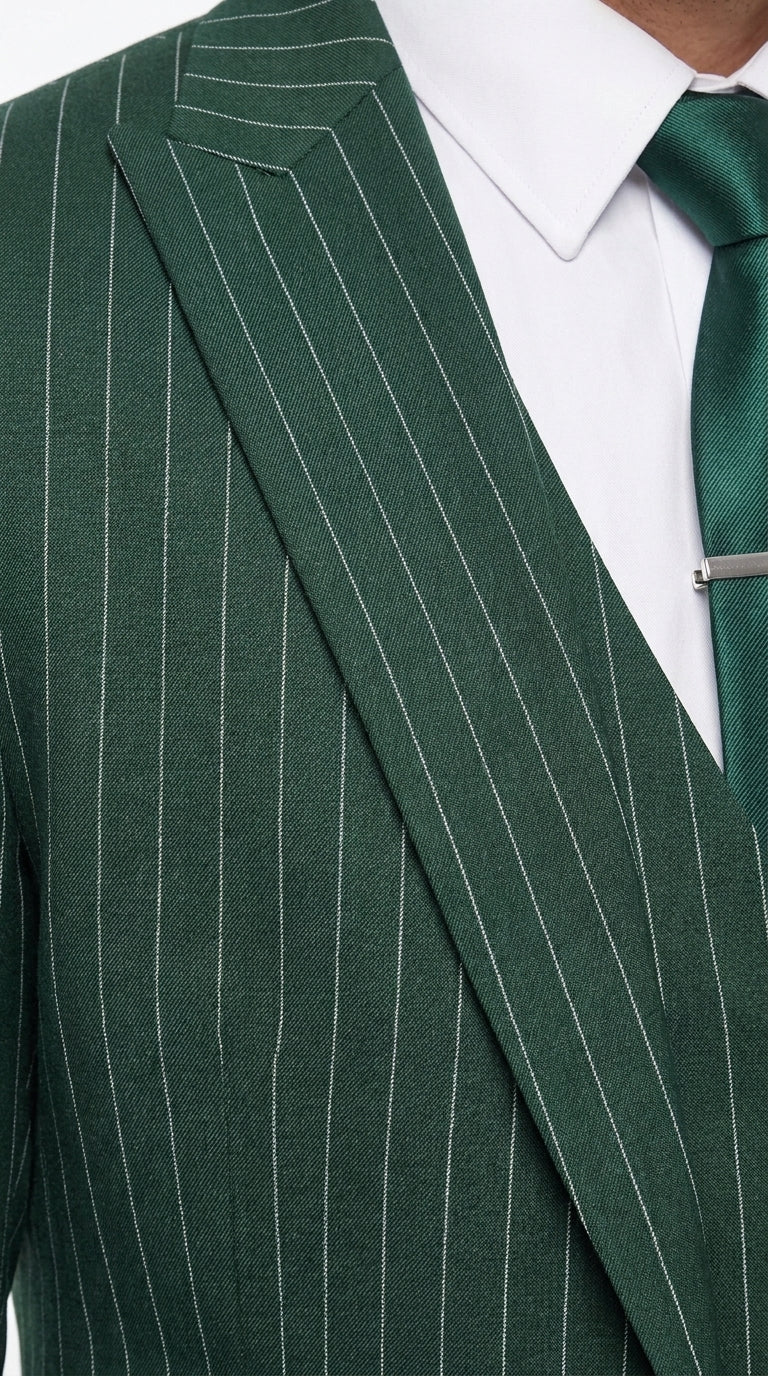 Men’s Hunter Green Great Gatsby Pinstripe Suit, 1920s Gangster 3 Piece Formal Outfit