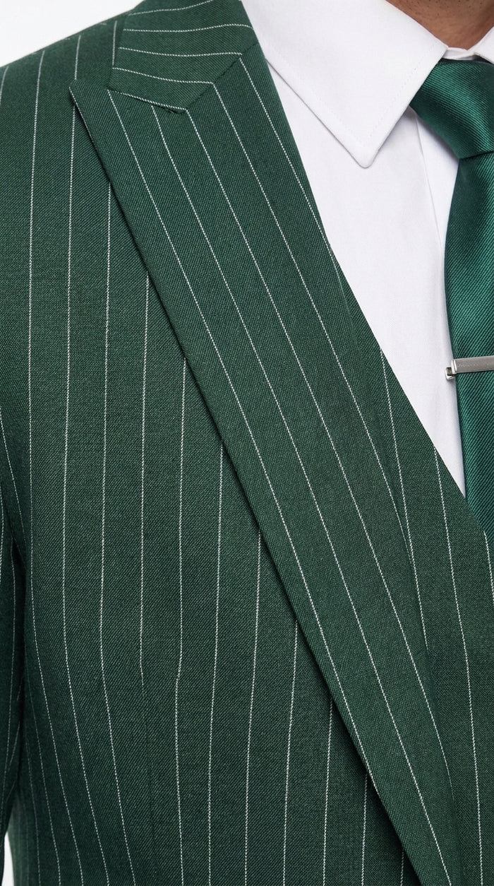 Men’s Hunter Green Great Gatsby Pinstripe Suit, 1920s Gangster 3 Piece Formal Outfit