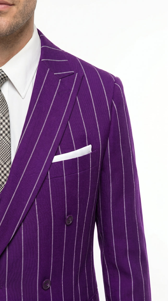 Men’s Purple Pinstripe 1920s Gangster Suit with Jacket, Vest and Pants, Vintage Formal Dress Suit