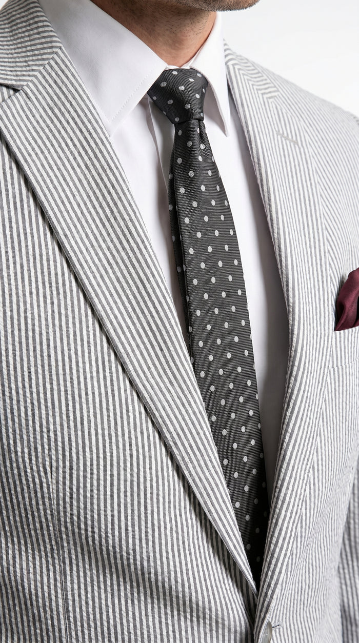 Men’s Black Pinstripe Summer Seersucker 2 Piece Suit with Jacket and Pants