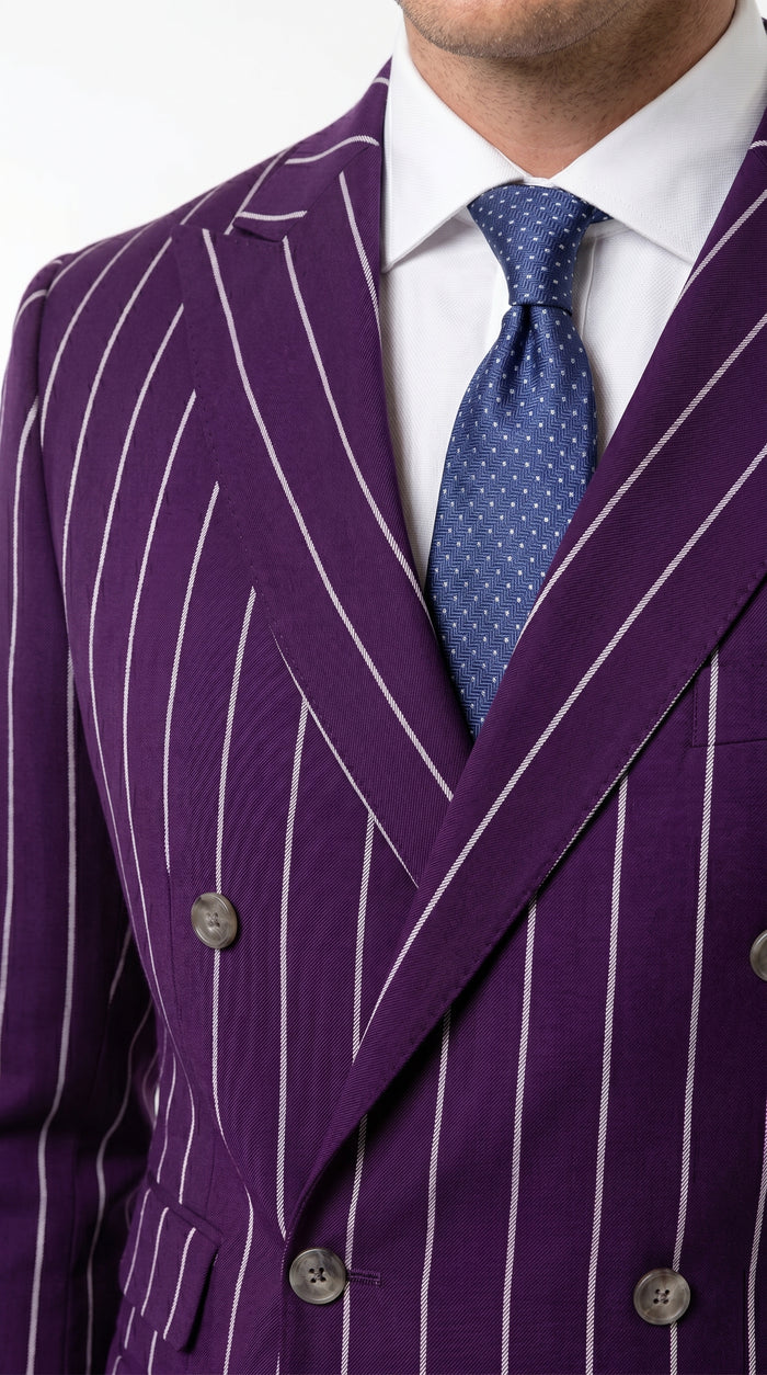 Men’s Dark Purple Pinstripe Double Breasted 1920s Gangster Suit, Vintage Formal Dress Suit