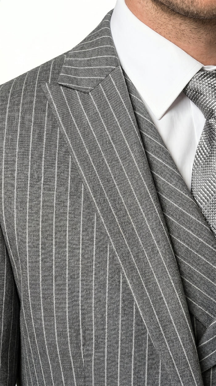 Men’s Grey Pinstripe Double Breasted Vest Suit 2 Button Gangster Style Formal Suit