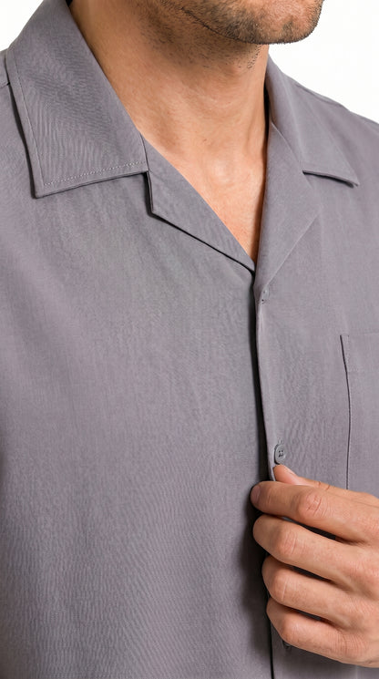 Men’s Solid Grey Short Sleeve Walking Suit with Matching Pants, Casual Summer Dress Outfit
