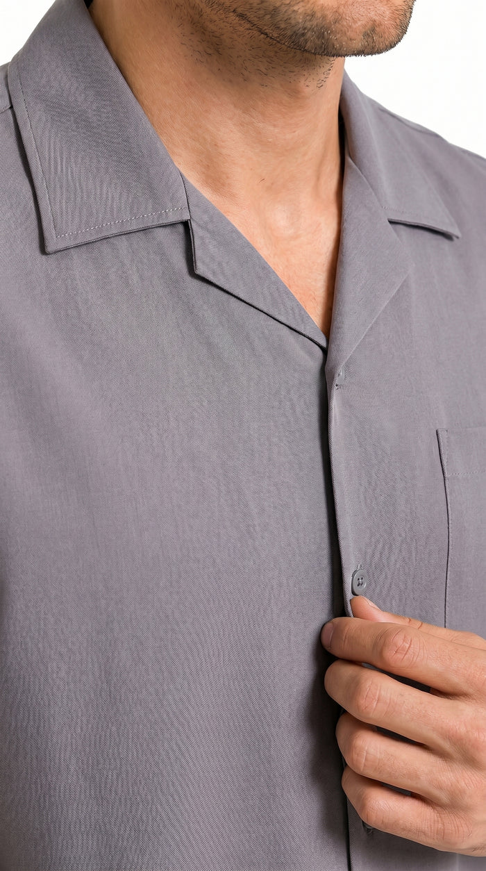 Men’s Solid Grey Short Sleeve Walking Suit with Matching Pants, Casual Summer Dress Outfit