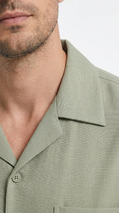 Men’s Solid Light Olive Short Sleeve Walking Suit with Matching Pants, Casual Summer Dress Outfit