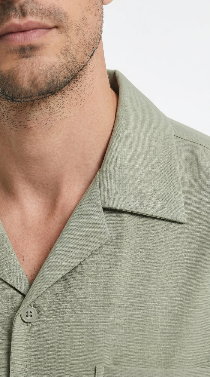 Men’s Solid Light Olive Short Sleeve Walking Suit with Matching Pants, Casual Summer Dress Outfit