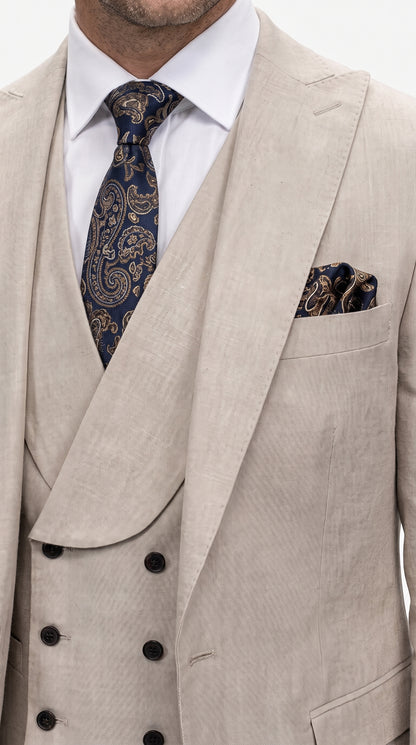 Statement Men’s Tan Wool Suit with Double Breasted Vest, Single Button Big Lapel Formal Dress Suit