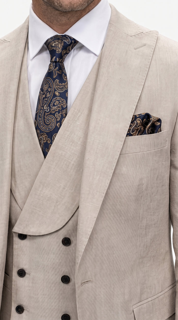 Statement Men’s Tan Wool Suit with Double Breasted Vest, Single Button Big Lapel Formal Dress Suit