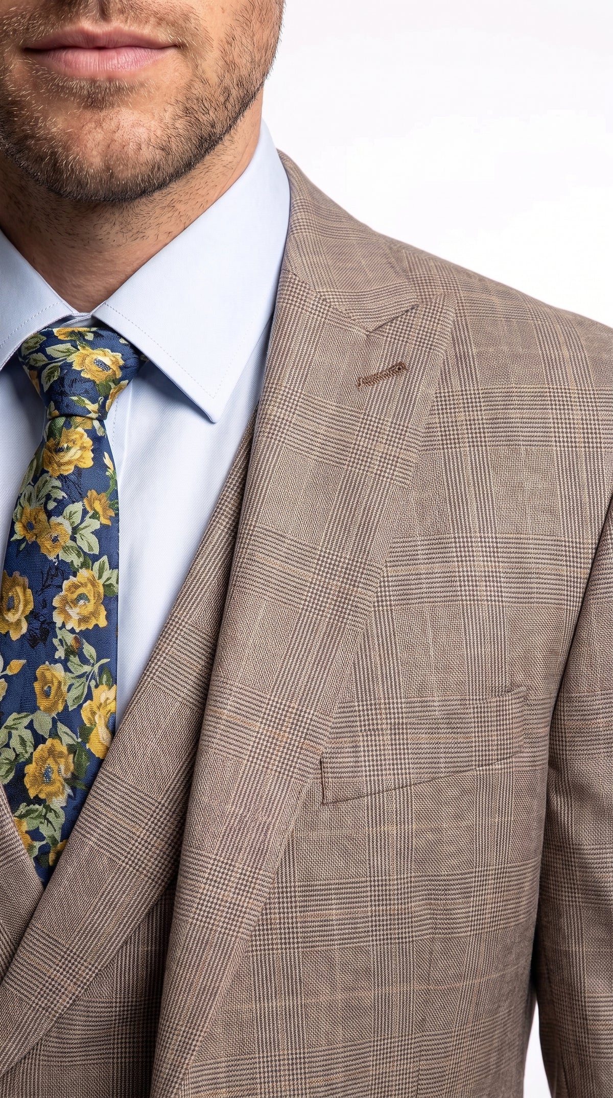 Men’s Tan Plaid 3 Piece Suit, 2 Button Vested Peak Lapel Formal Wedding Business Suit
