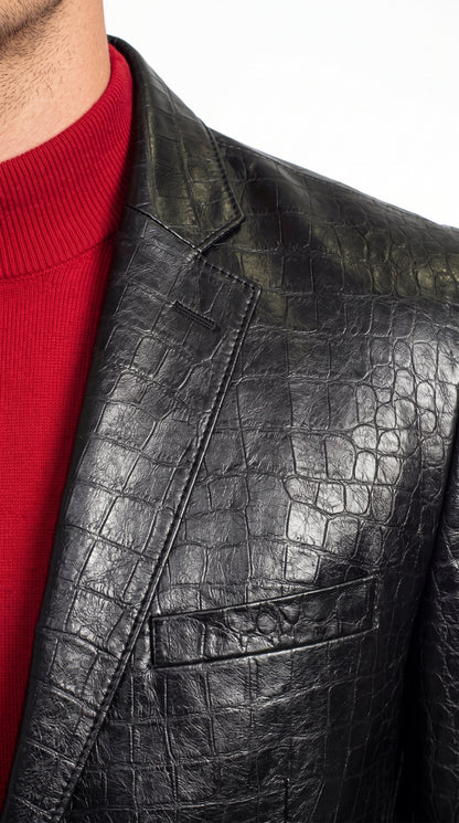Zacchi Men’s Black Alligator Leatherette Jacket, Mickey Crocodile Print 2 Button Blazer