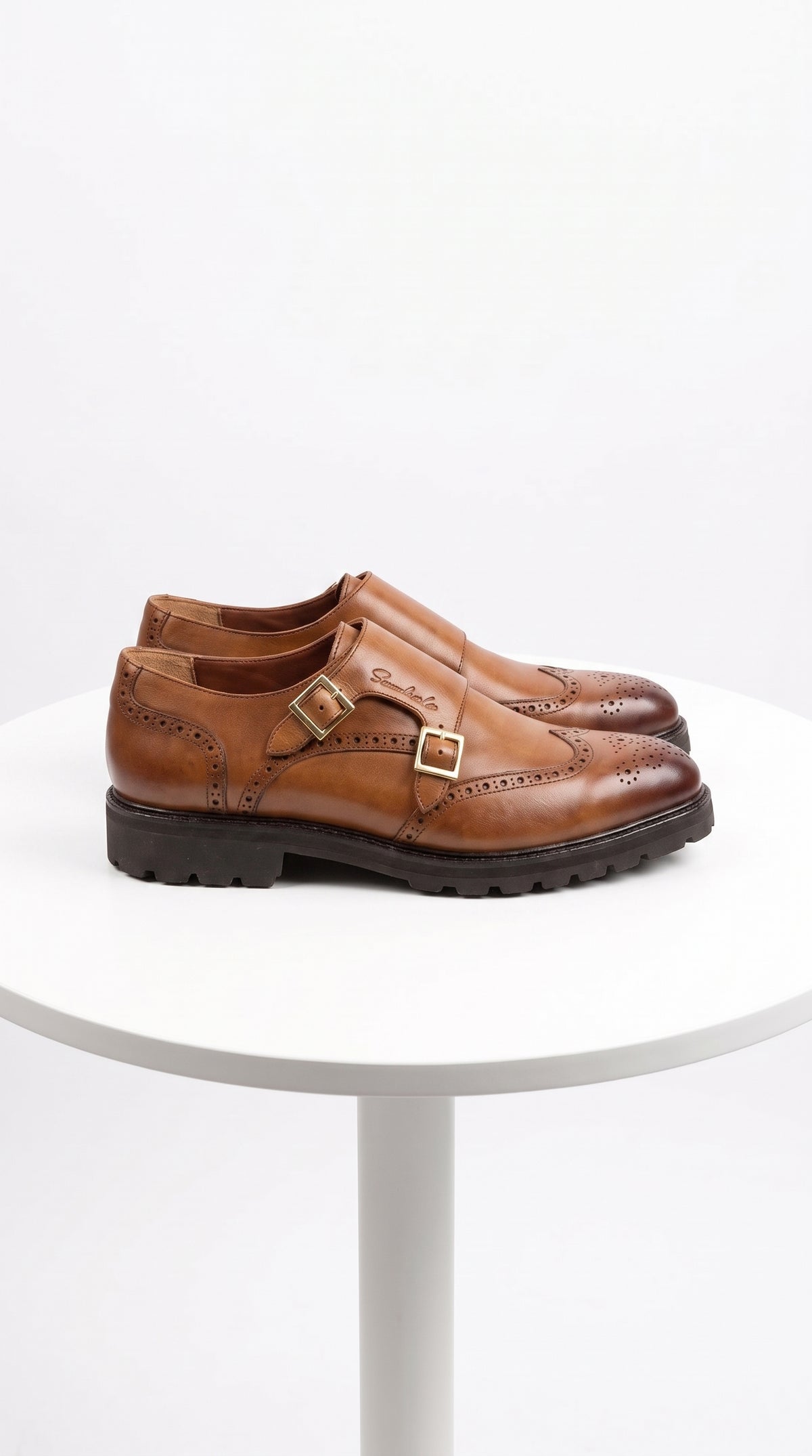Lombardy Men’s Calfskin Wingtip Double Monk Strap Dress Shoes – Lug Sole