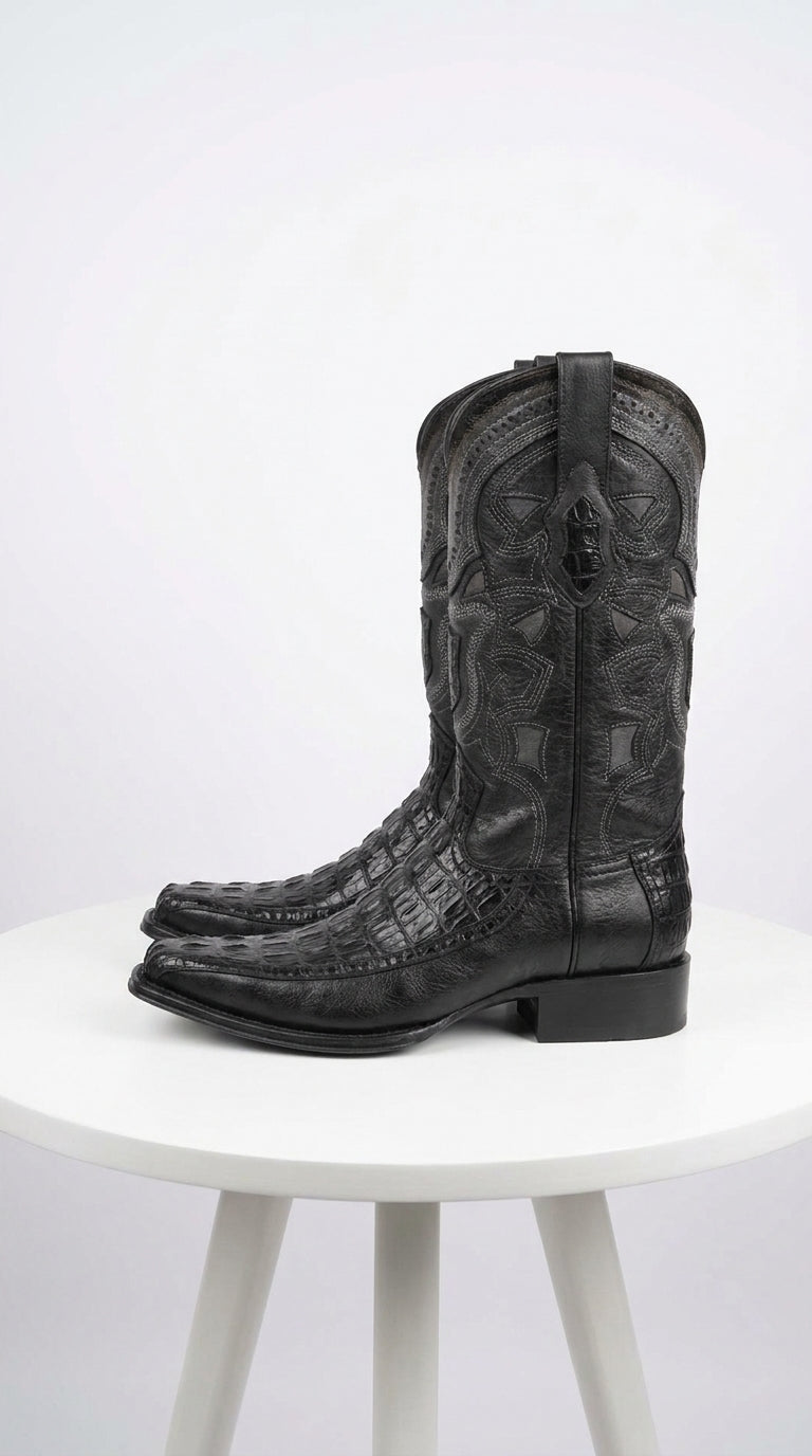 Men’s Black Caiman Crocodile and Deer Western Boots LAB-76F0105, European Toe Exotic Cowboy Dress Boots