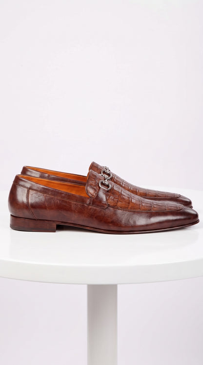 Lombardy Men’s Crocodile & Calfskin Bit Loafers – Brown Almond Toe Exotic Dress Shoes