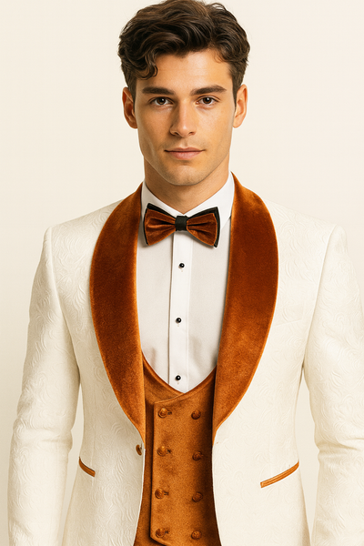 Marco Lorenzo Premium Paisley Burnt Orange Velvet 4pc Suit W/ Matching Bowtie 1 Oct-68  - from alligatorwarehouse.com