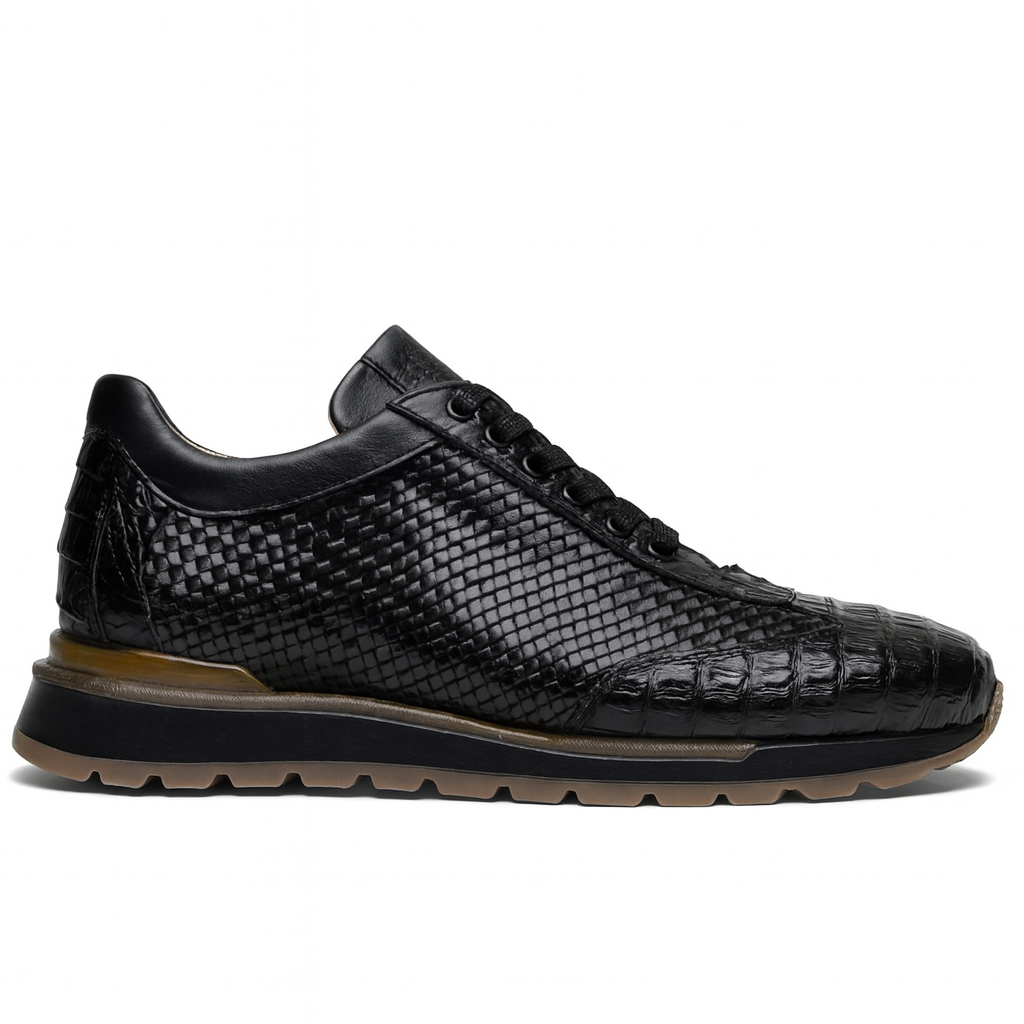 Marco Di Milano Roma Men Shoe Black Genuine Caiman Crocodile / Woven Leather Fashion Sneakers