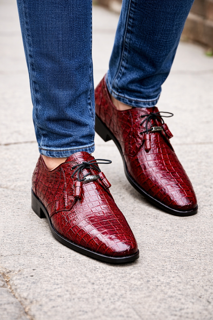 Marco Milano Exotic Caiman Shoes Wine Burgundy Gator Derby Lacio
