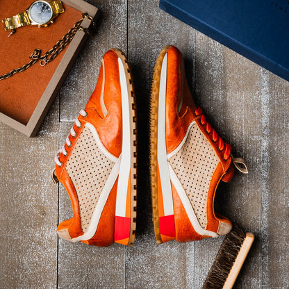 Zelli Matteo Calfskin and Perforated Suede Sneaker in Burnt Orange
