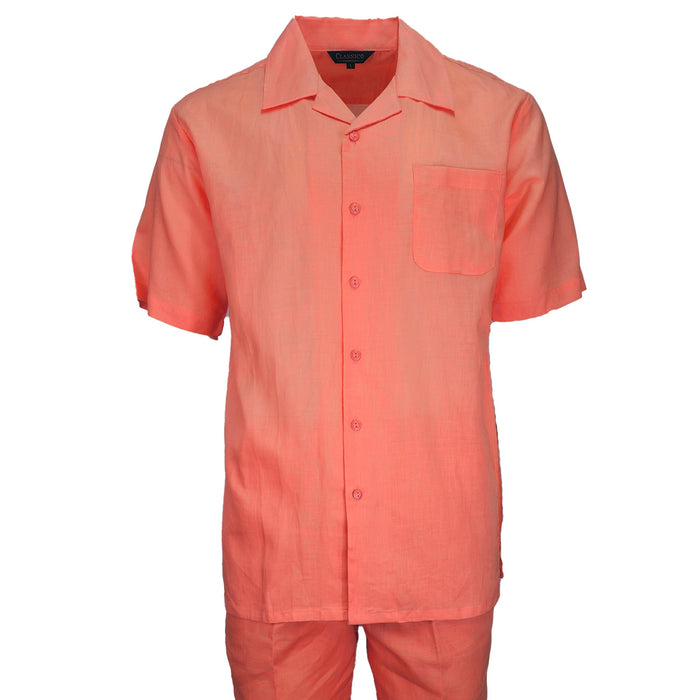 Mens Melon Linen Shirt and Pants Casual Outfit Set