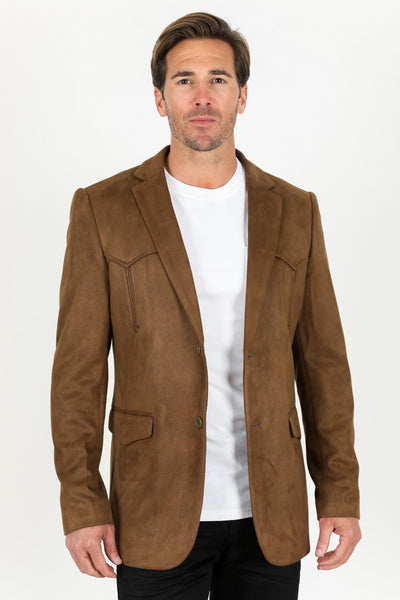 Men’s Double Button Brown Faux Suede Blazer – Modern Fit Dress Jacket