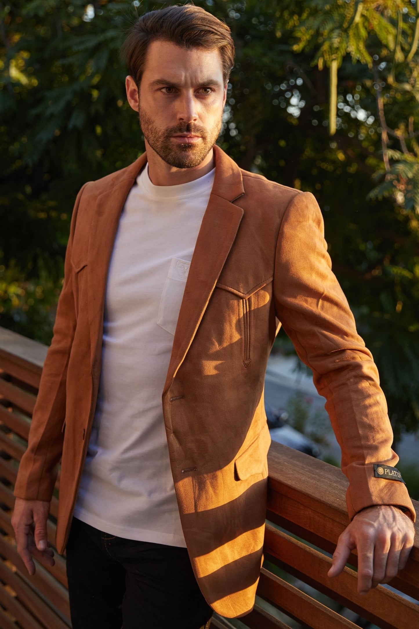 Men’s Double-Button Faux Suede Blazer in Camel