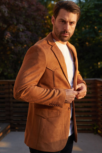 Men’s Double-Button Faux Suede Blazer in Camel