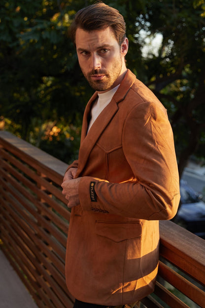 Men’s Double-Button Faux Suede Blazer in Camel