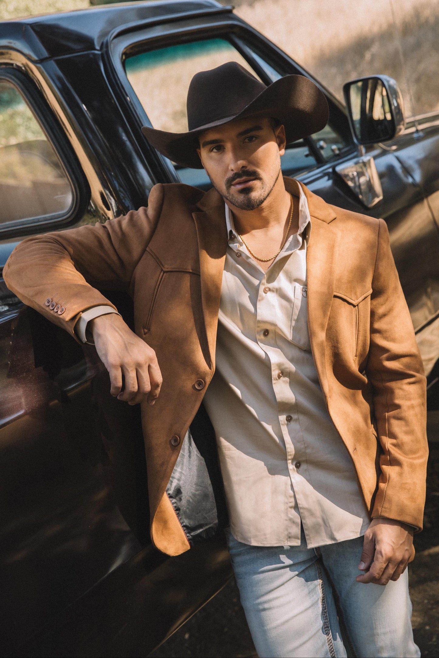 Men’s Double-Button Faux Suede Blazer in Camel