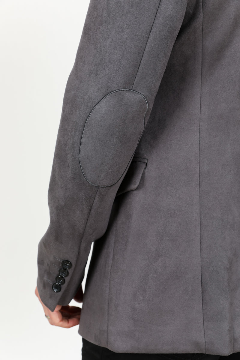Mens Charcoal Faux Suede Blazer Jacket – Double Button Smart Casual Sport Coat