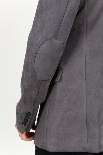 Mens Charcoal Faux Suede Blazer Jacket – Double Button Smart Casual Sport Coat
