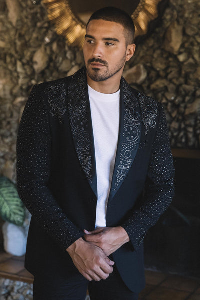 Men’s Black Sparkle Rhinestone Blazer – Slim Fit Double Button Coat