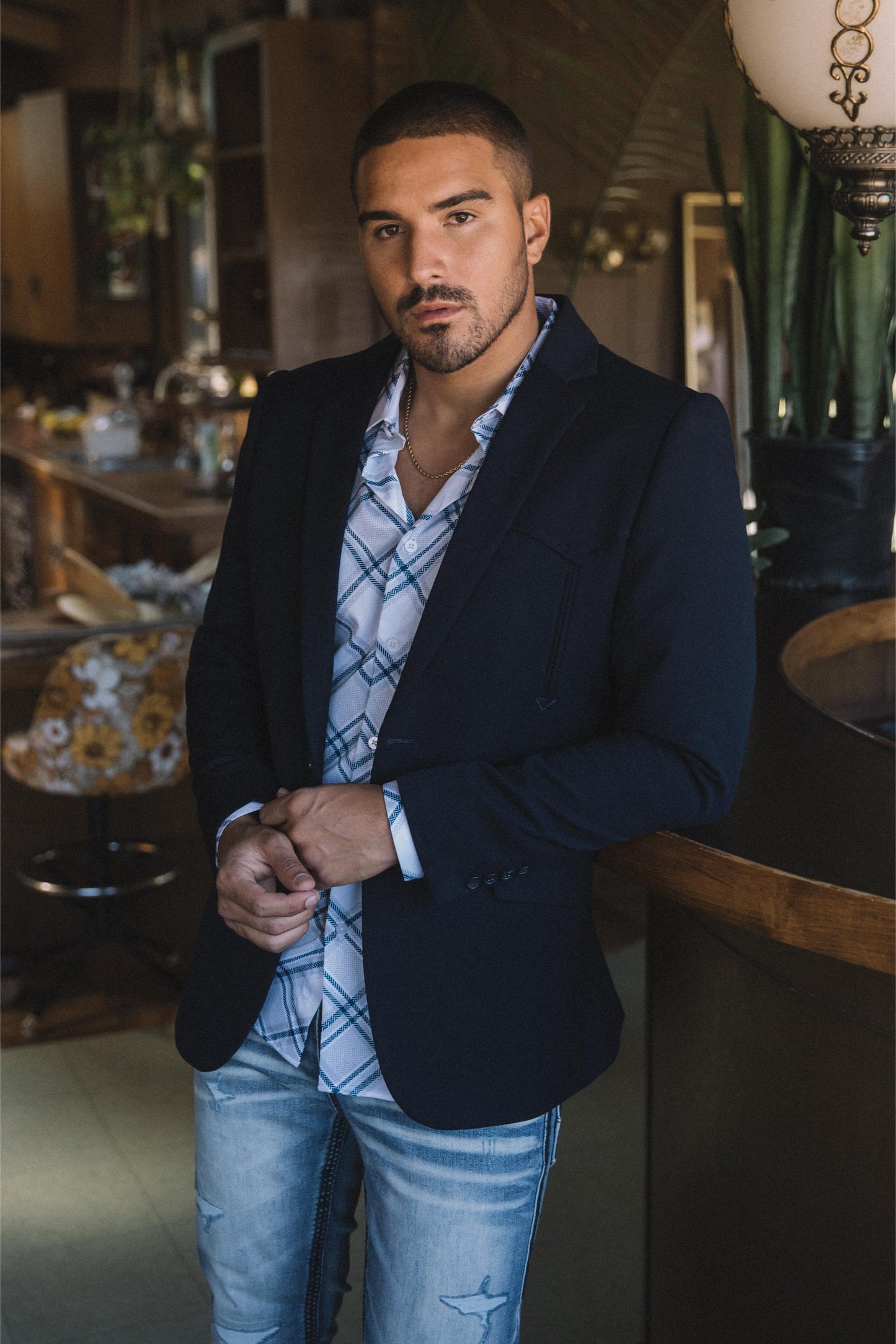 Men’s Navy Western Cowboy Blazer – Double Button Dress Coat