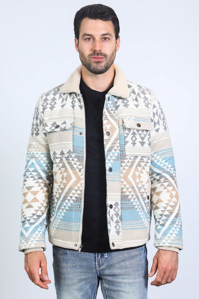 Men’s Aztec Tribal Quilted Twill Jacket – Beige Casual Outerwear