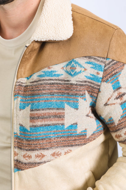 Men’s Western Inspired Aztec Quilted Twill Jacket – Beige with Suede Accents