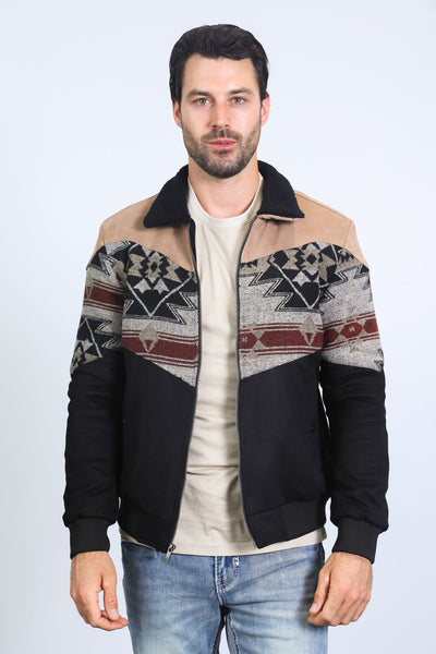 Men’s Tribal Aztec Quilted Jacket – Black & Beige Twill with Suede Touch