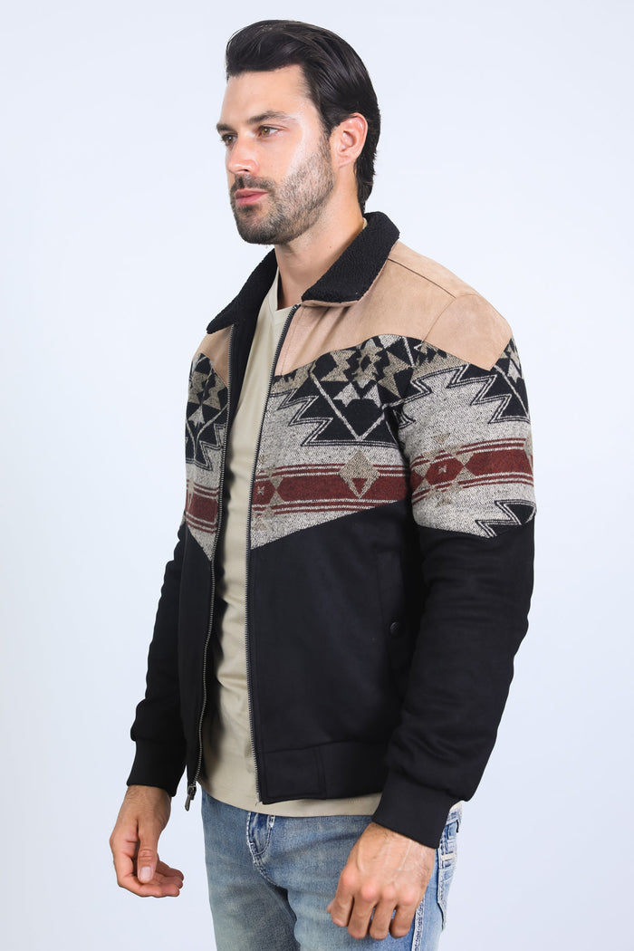 Men’s Tribal Aztec Quilted Jacket – Black & Beige Twill with Suede Touch