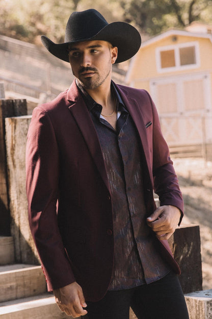 Burgundy Western Cowboy Blazer - Mens Modern Fit Stretch Date Night Burgundy Blazer
