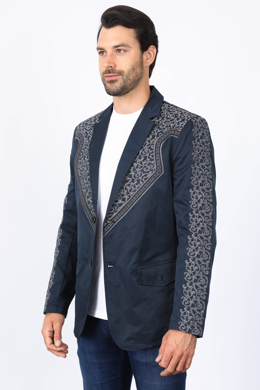 Men’s Navy Fashion Blazer with Embroidery – Smart Casual Dress Jacket