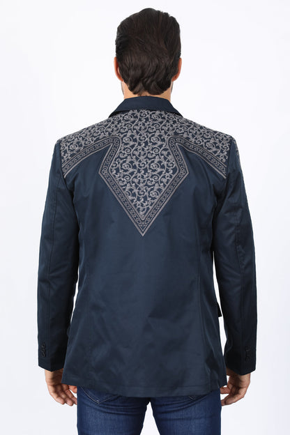 Men’s Navy Fashion Blazer with Embroidery – Smart Casual Dress Jacket