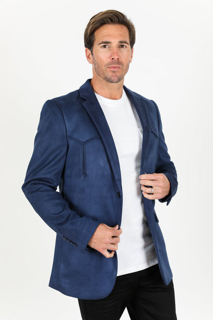 Men’s Navy Faux Suede Blazer – Double Button Smart Casual Jacket