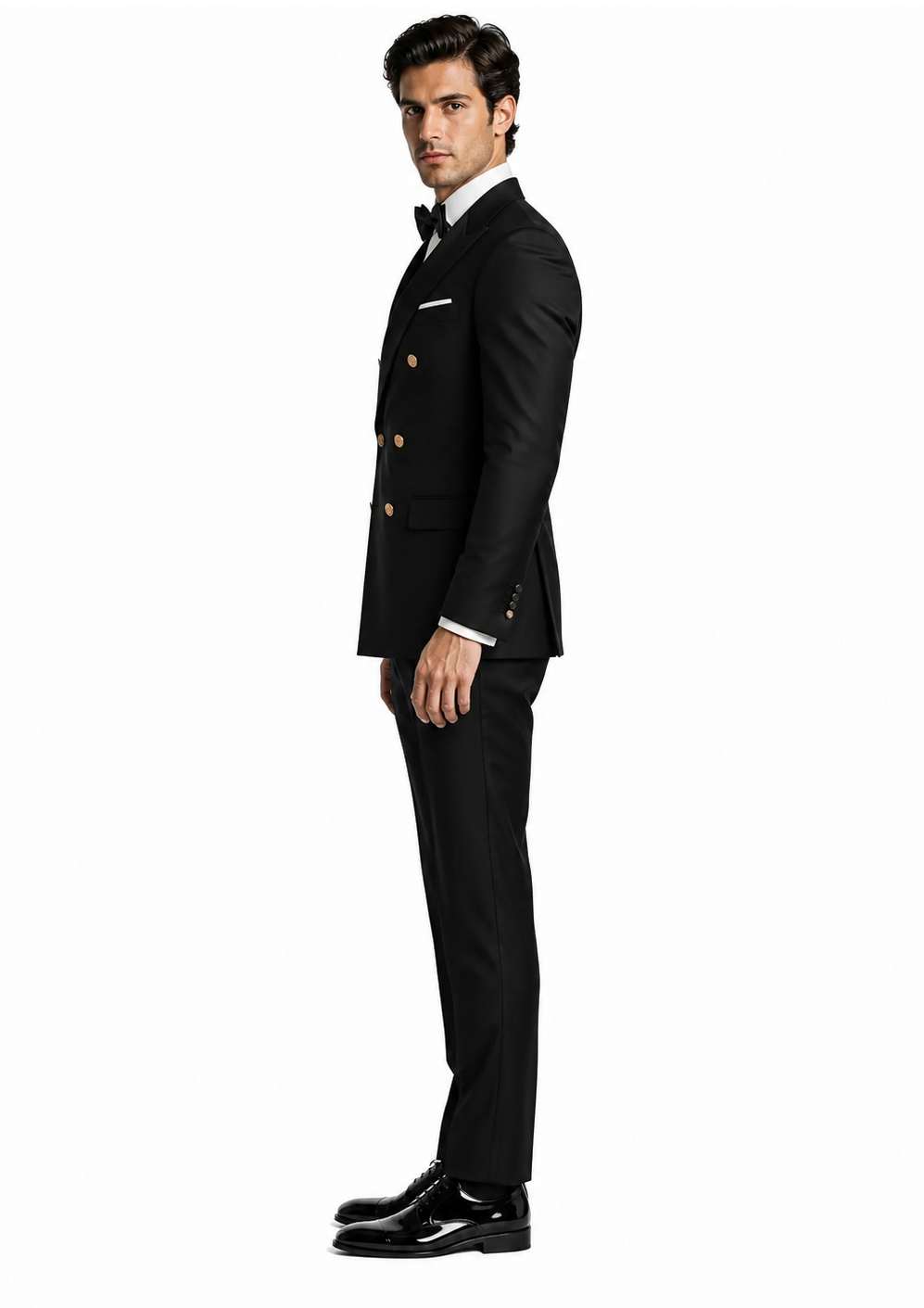 Men's Black Double-Breasted Tuxedo - Classic Shawl Lapel Suit with Gold Buttons for Weddings, Galas, and Black Tie Events