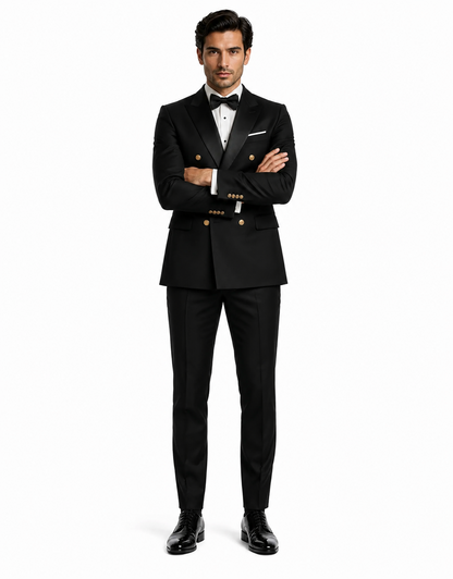 Men's Black Double-Breasted Tuxedo - Classic Shawl Lapel Suit with Gold Buttons for Weddings, Galas, and Black Tie Events