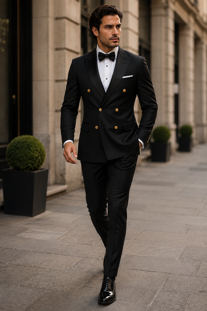 Men's Black Double-Breasted Tuxedo - Classic Shawl Lapel Suit with Gold Buttons for Weddings, Galas, and Black Tie Events