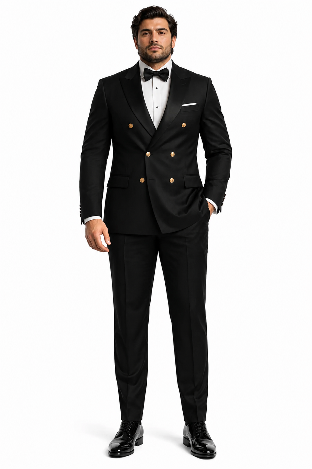 Men's Black Double-Breasted Tuxedo - Classic Shawl Lapel Suit with Gold Buttons for Weddings, Galas, and Black Tie Events